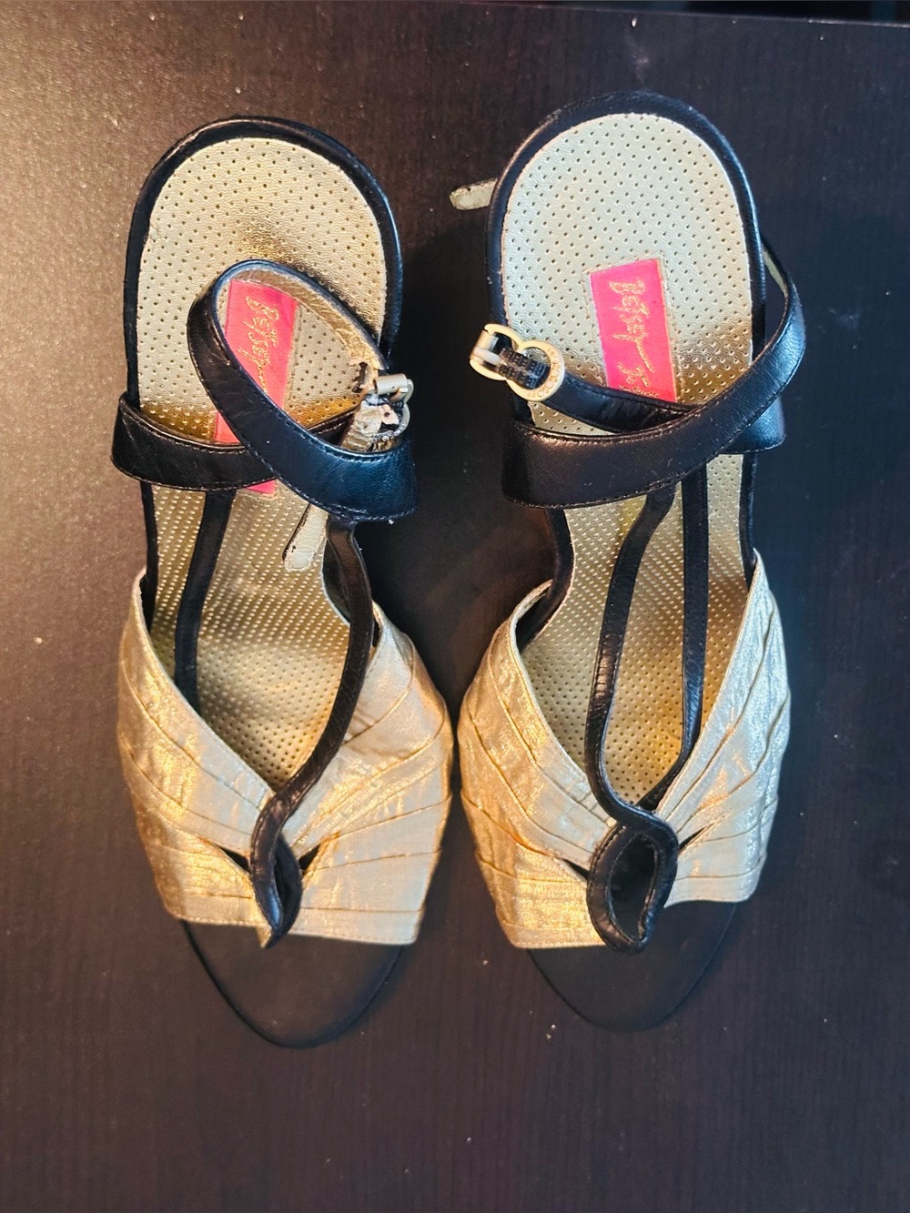 Betsey Johnson Black and Gold Open-Toe T-Strap Sandals